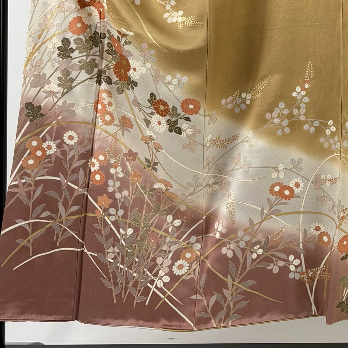 【美品】訪問服 身長152cm 袖長64cm M 雙層 秋草 金彩裝飾 染分 薄茶 純蠶絲 秀品級