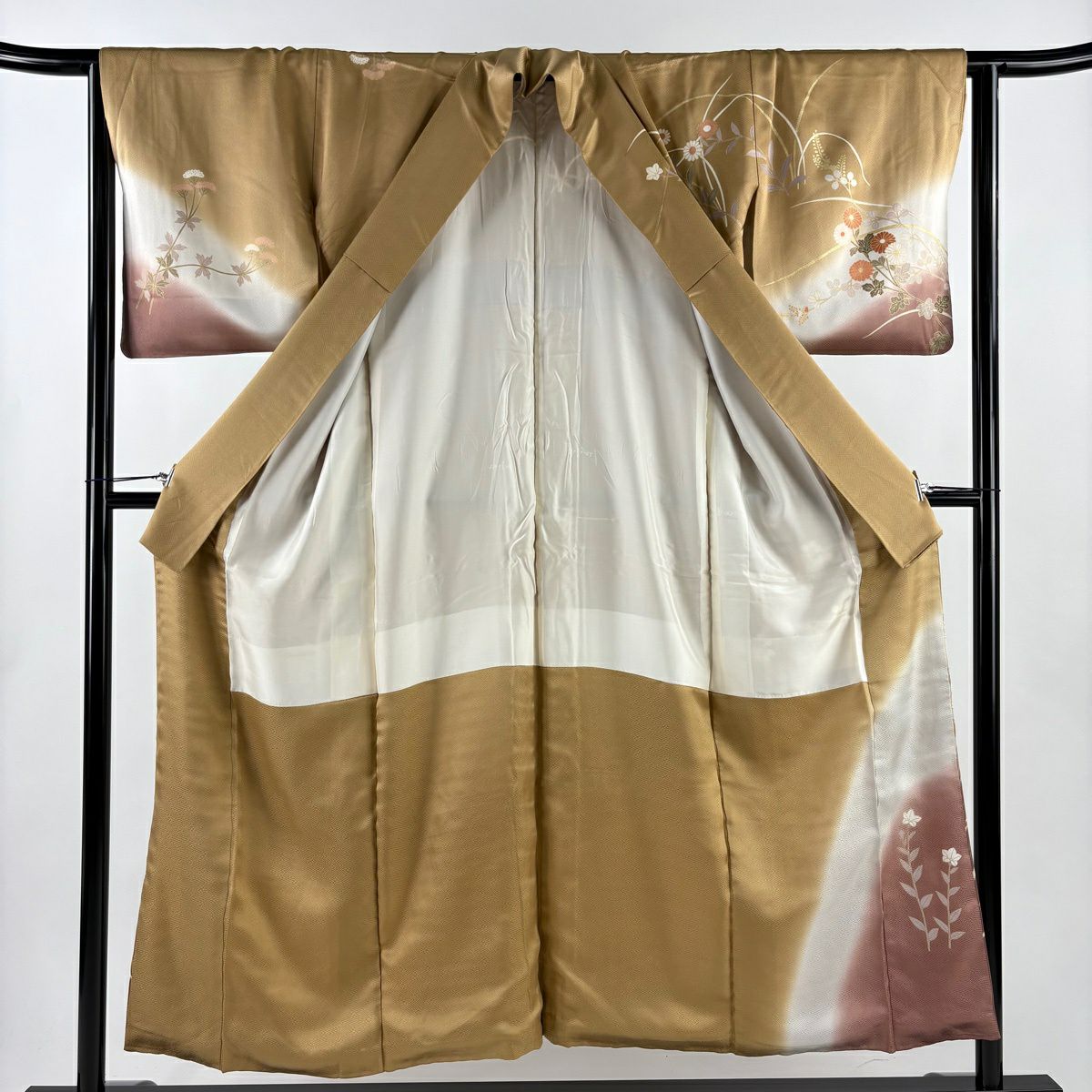 【美品】訪問服 身長152cm 袖長64cm M 雙層 秋草 金彩裝飾 染分 薄茶 純蠶絲 秀品級