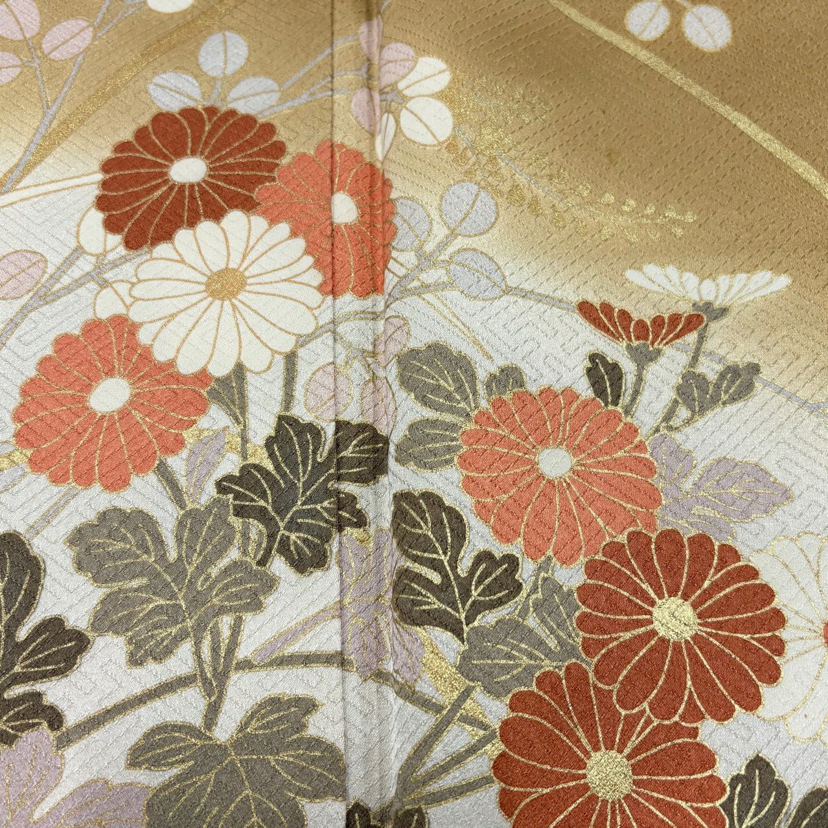【美品】訪問服 身長152cm 袖長64cm M 雙層 秋草 金彩裝飾 染分 薄茶 純蠶絲 秀品級