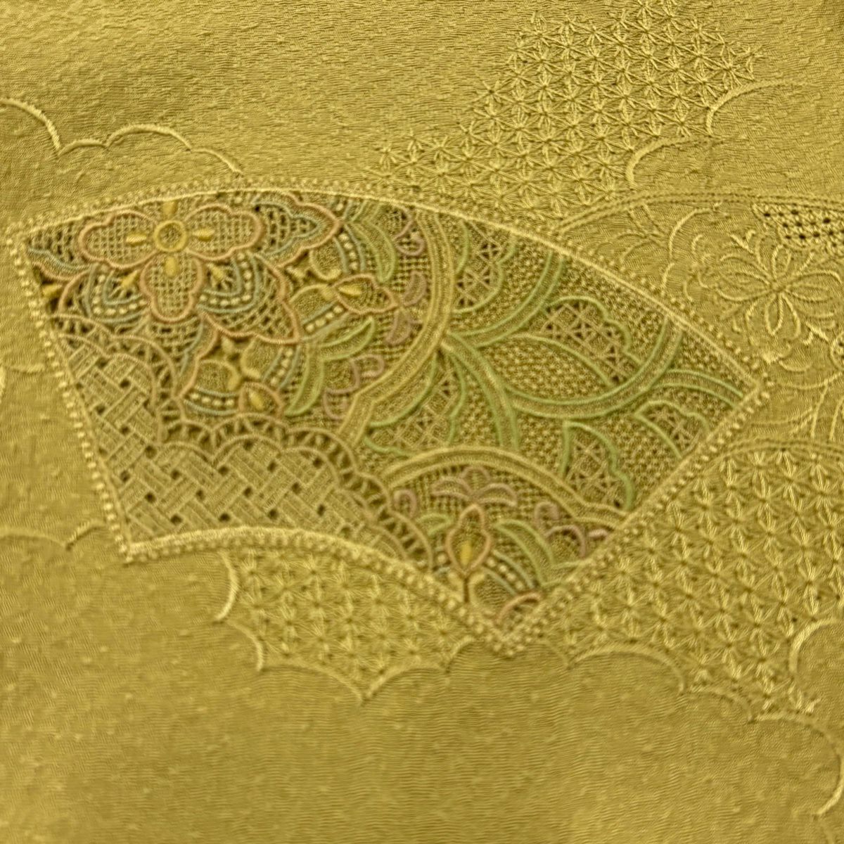 【美品】 付下 身長161cm 袖長68.5cm L 雙層 扇子面 華紋 刺繡 黃色 純蠶絲 秀品級 一つ紋