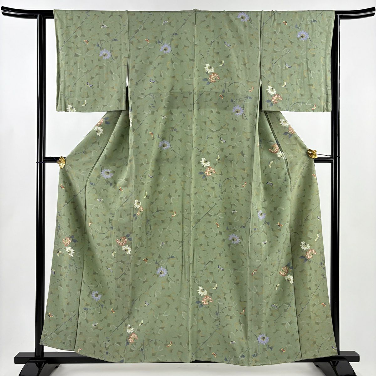 【美品】 小紋 身長159cm 袖長62cm S 雙層 草花紋紋 蝶 金銀彩 艾草綠 純蠶絲 秀品級