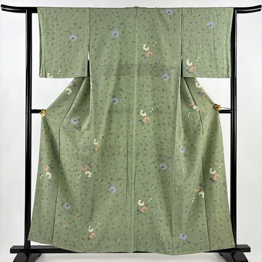 【美品】 小紋 身長159cm 袖長62cm S 雙層 草花紋紋 蝶 金銀彩 艾草綠 純蠶絲 秀品級