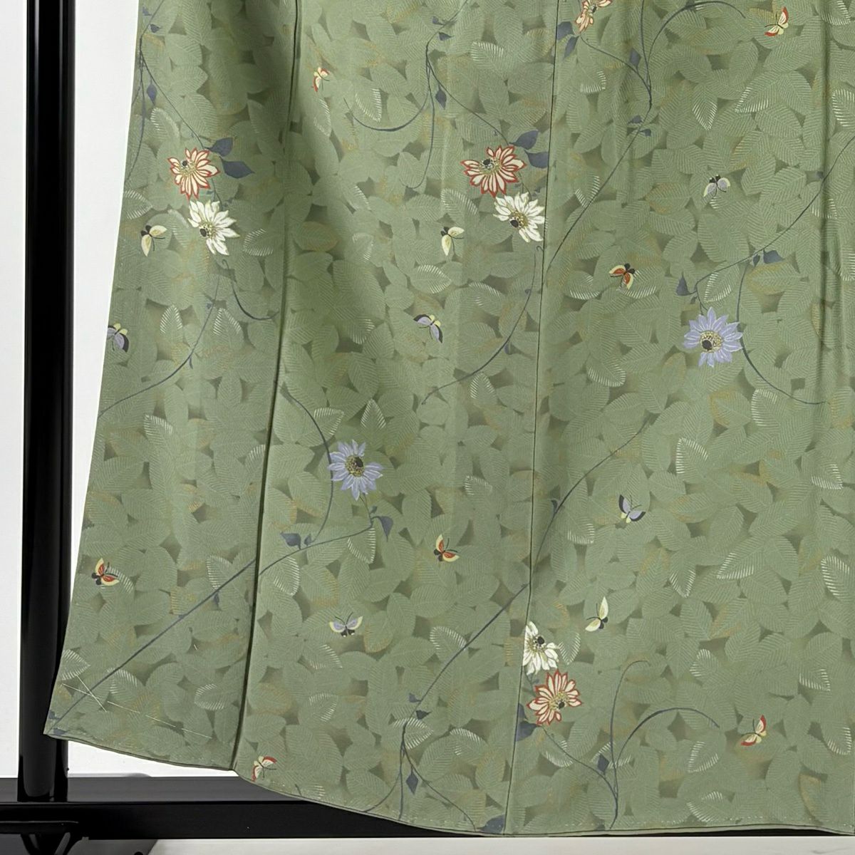 【美品】 小紋 身長159cm 袖長62cm S 雙層 草花紋紋 蝶 金銀彩 艾草綠 純蠶絲 秀品級