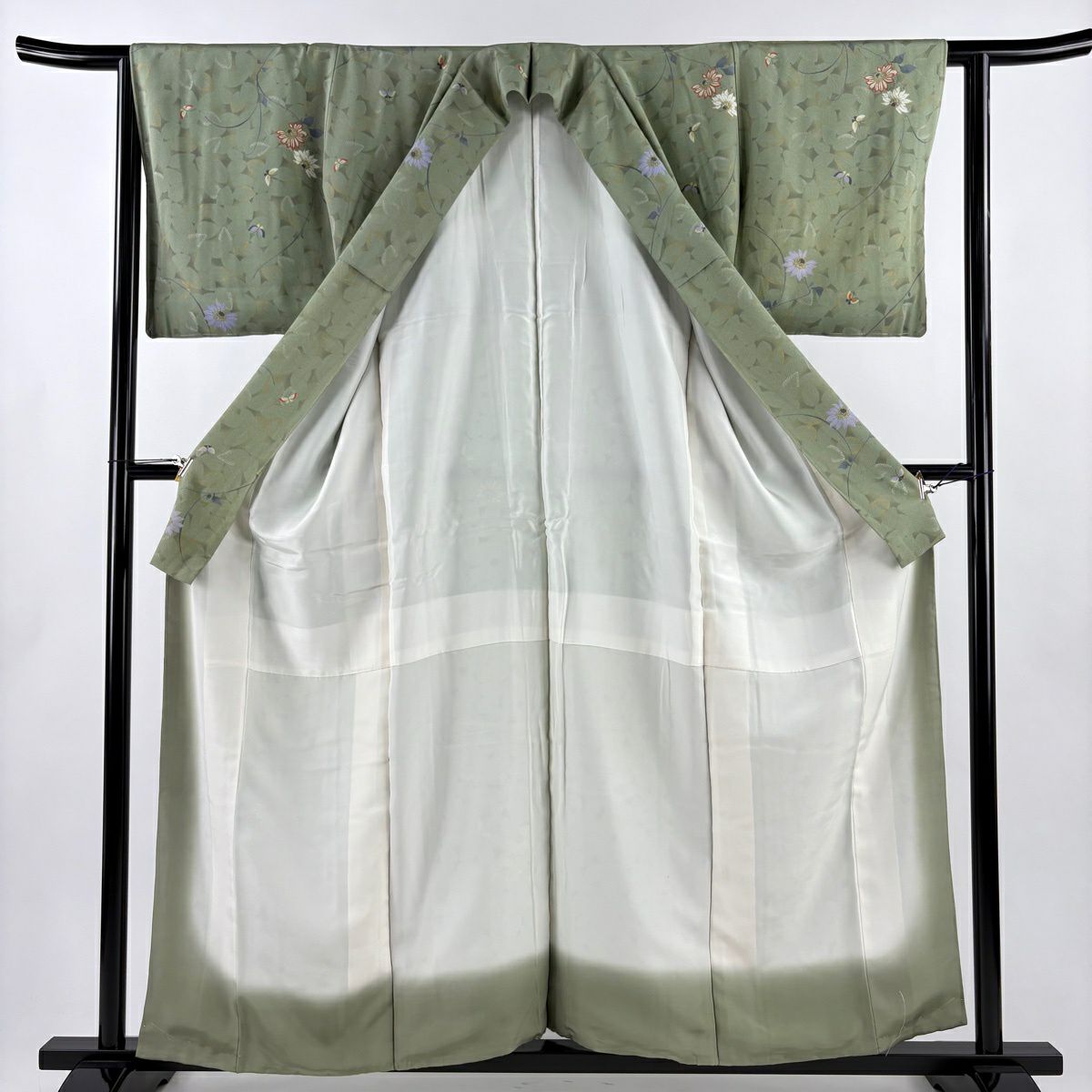 【美品】 小紋 身長159cm 袖長62cm S 雙層 草花紋紋 蝶 金銀彩 艾草綠 純蠶絲 秀品級