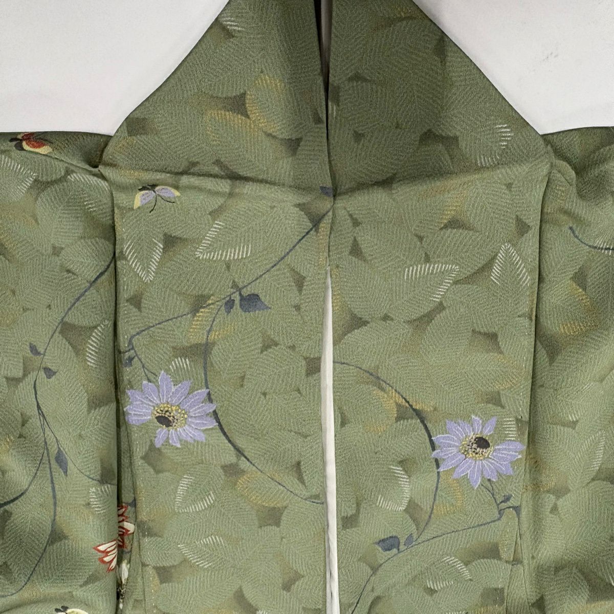 【美品】 小紋 身長159cm 袖長62cm S 雙層 草花紋紋 蝶 金銀彩 艾草綠 純蠶絲 秀品級
