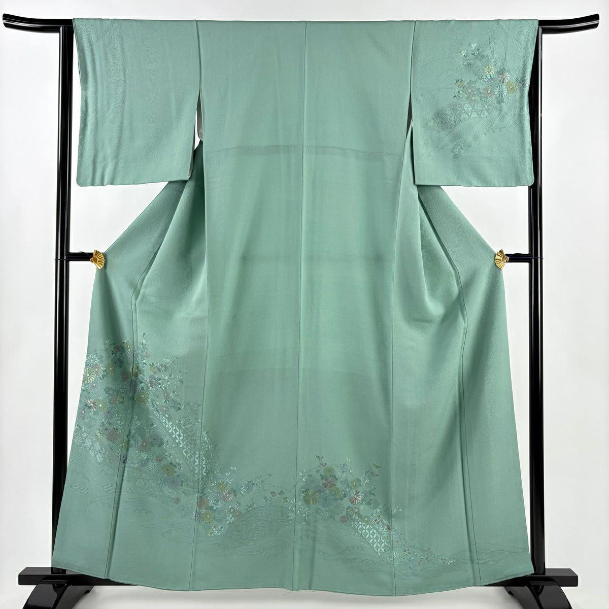 付下 身長161cm 袖長64cm M 雙層 菊花 間垣 刺繡 灰綠 純蠶絲 秀品級