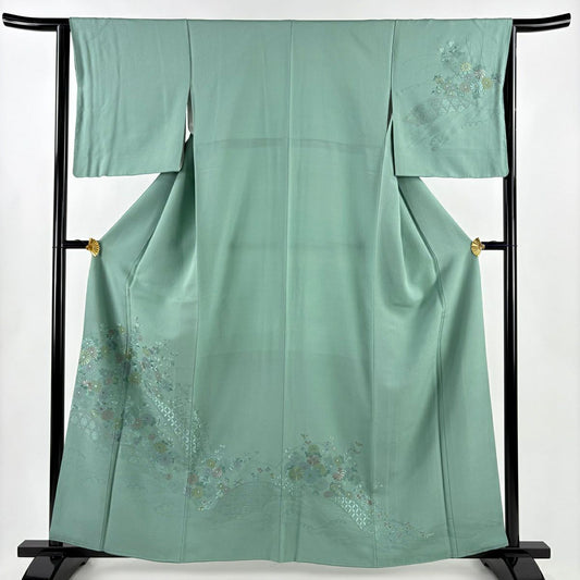 付下 身長161cm 袖長64cm M 雙層 菊花 間垣 刺繡 灰綠 純蠶絲 秀品級