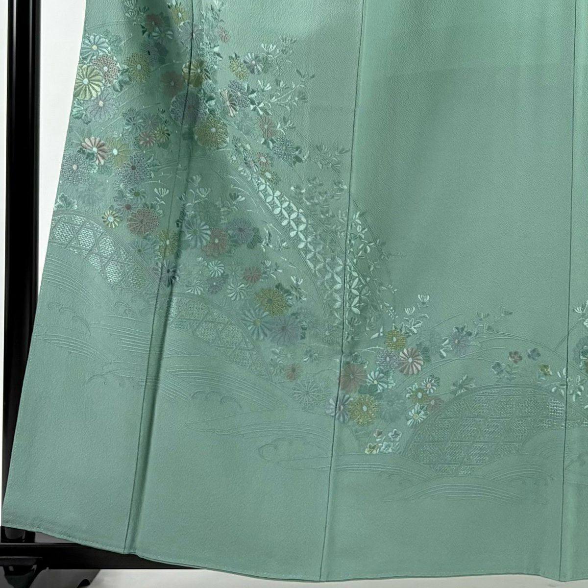 付下 身長161cm 袖長64cm M 雙層 菊花 間垣 刺繡 灰綠 純蠶絲 秀品級