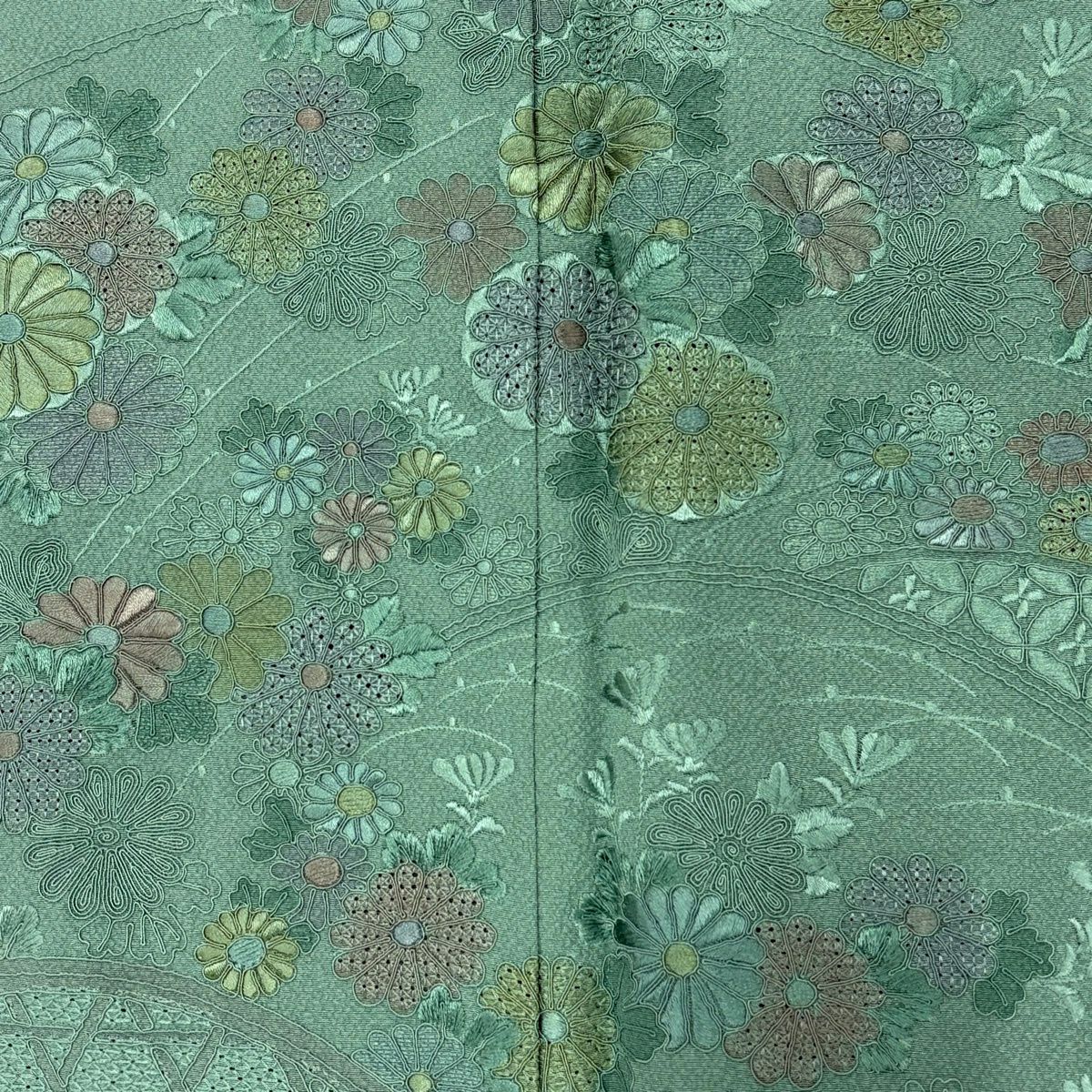 付下 身長161cm 袖長64cm M 雙層 菊花 間垣 刺繡 灰綠 純蠶絲 秀品級