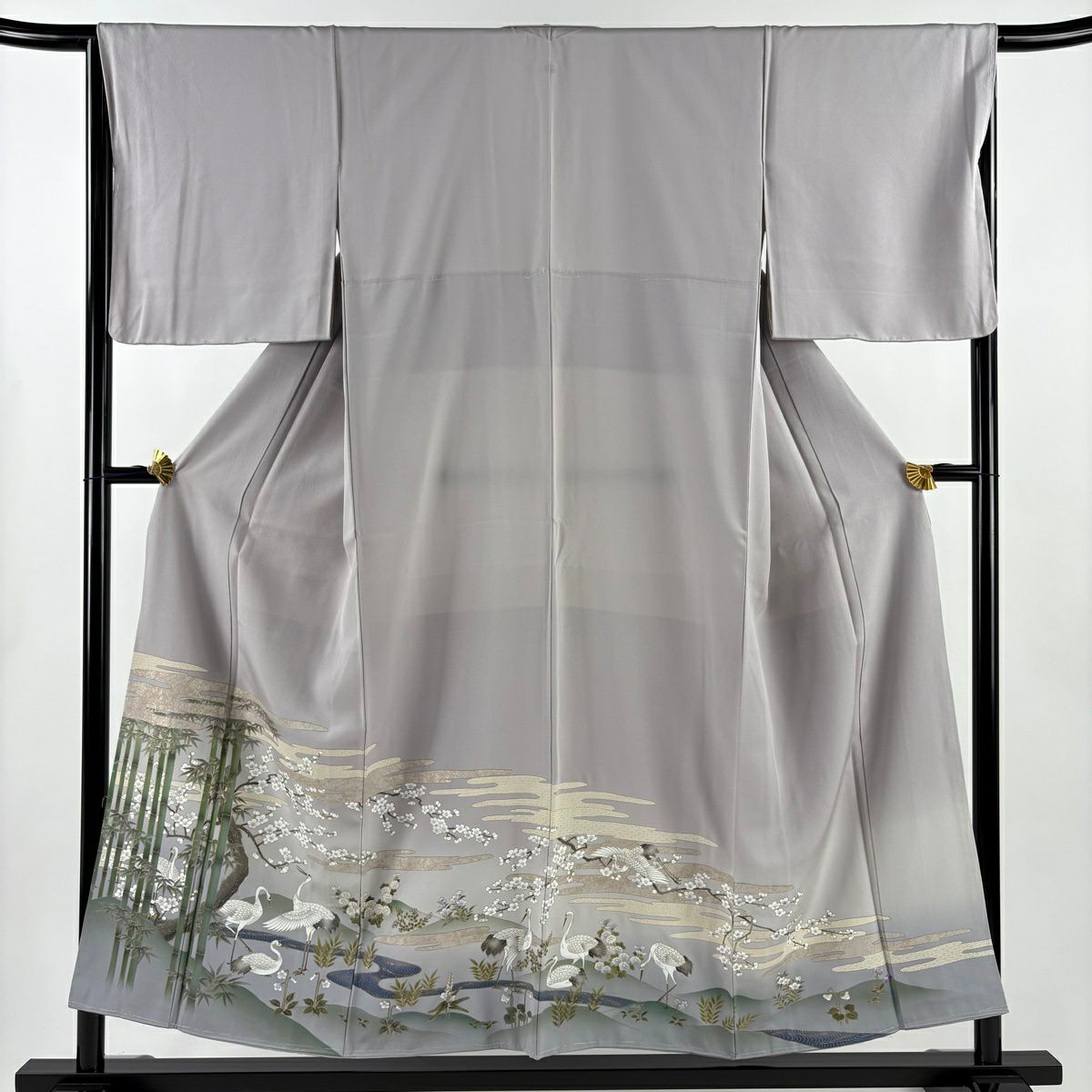 【美品】 留袖禮服禮服 身長153cm 袖長66cm M 雙層 竹子 仙鶴 金銀彩 漸層 灰紫 純蠶絲 秀品級 一つ紋