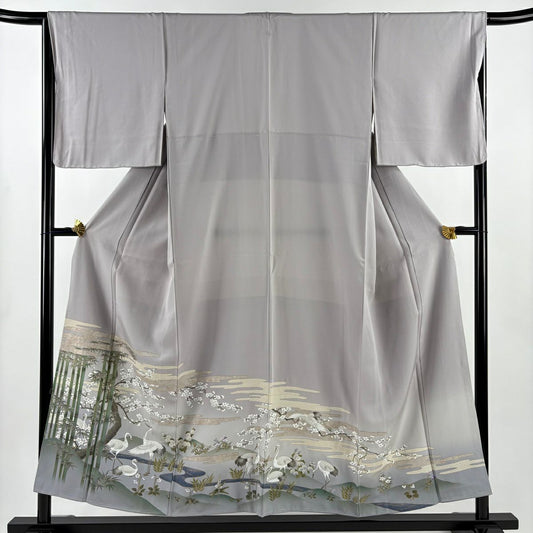 【美品】 留袖禮服禮服 身長153cm 袖長66cm M 雙層 竹子 仙鶴 金銀彩 漸層 灰紫 純蠶絲 秀品級 一つ紋