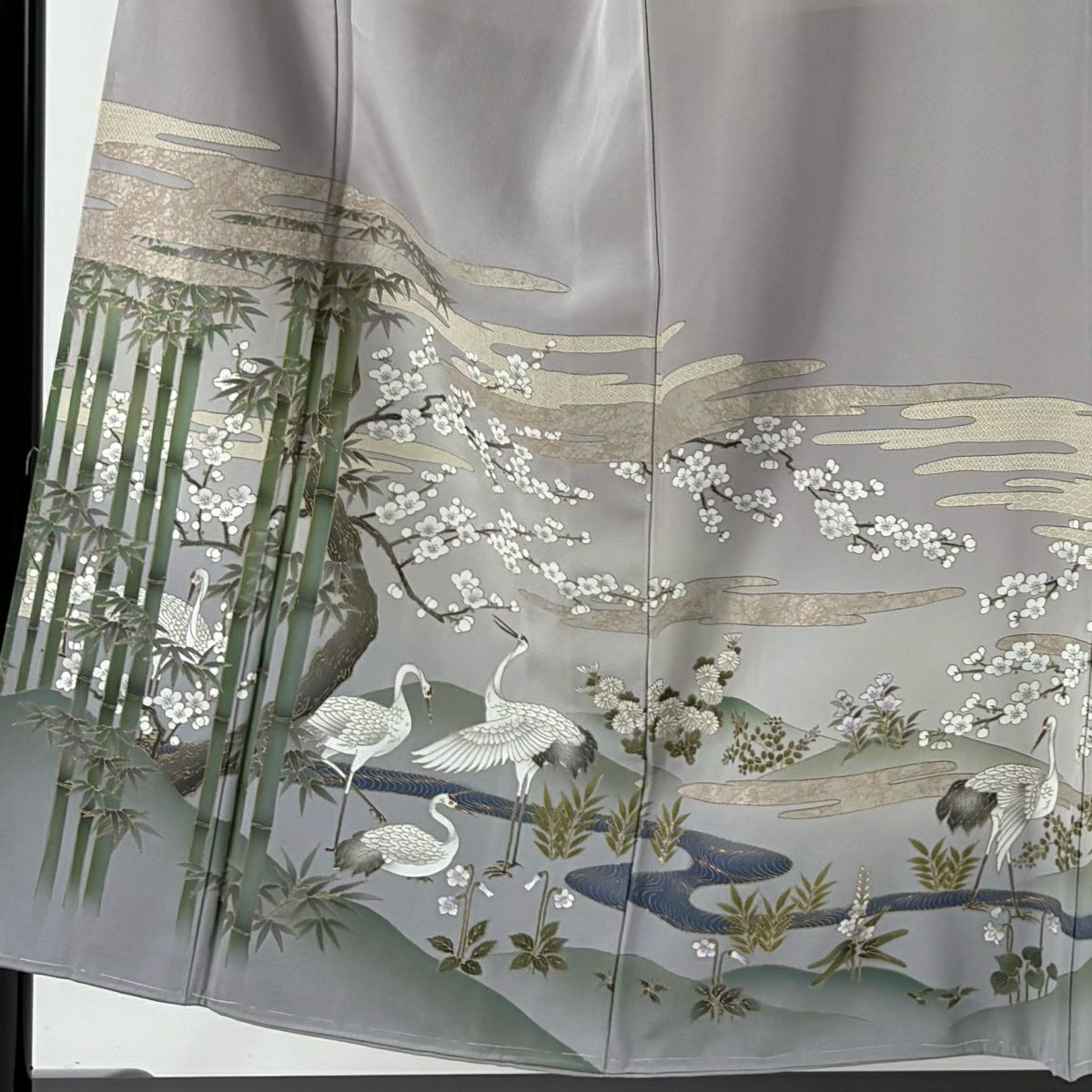 【美品】 留袖禮服禮服 身長153cm 袖長66cm M 雙層 竹子 仙鶴 金銀彩 漸層 灰紫 純蠶絲 秀品級 一つ紋