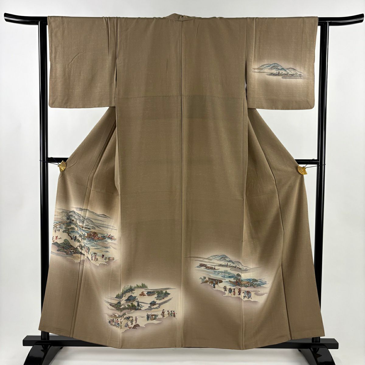 付下 身長157cm 袖長63.5cm S 雙層 風景 人物 刺繡 漸層 灰茶 純蠶絲 優品級