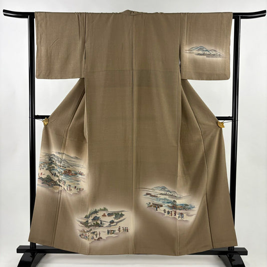 付下 身長157cm 袖長63.5cm S 雙層 風景 人物 刺繡 漸層 灰茶 純蠶絲 優品級