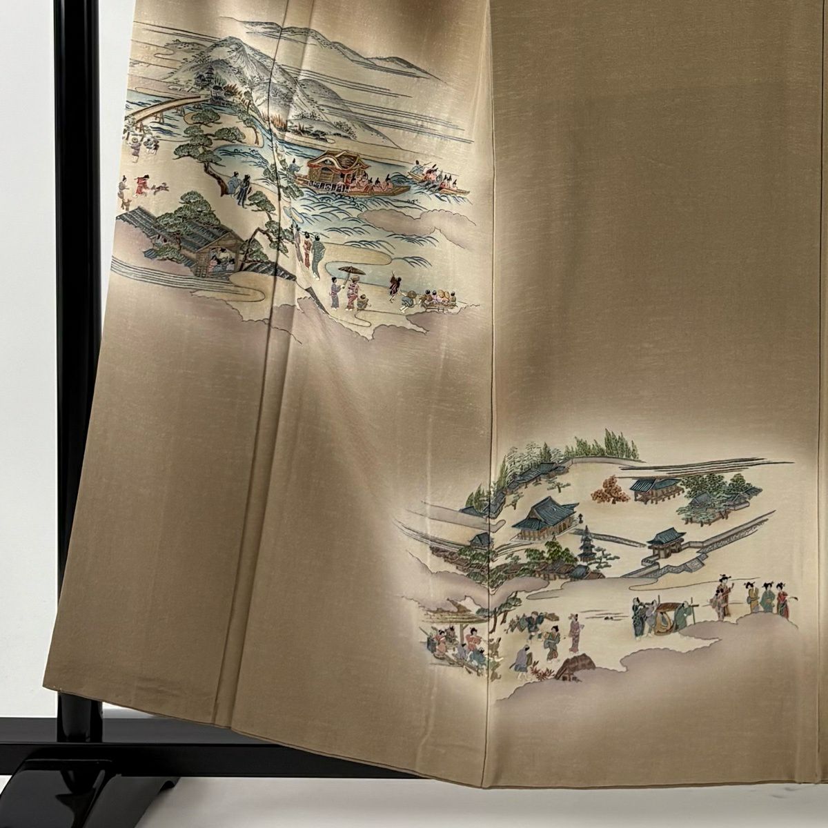 付下 身長157cm 袖長63.5cm S 雙層 風景 人物 刺繡 漸層 灰茶 純蠶絲 優品級