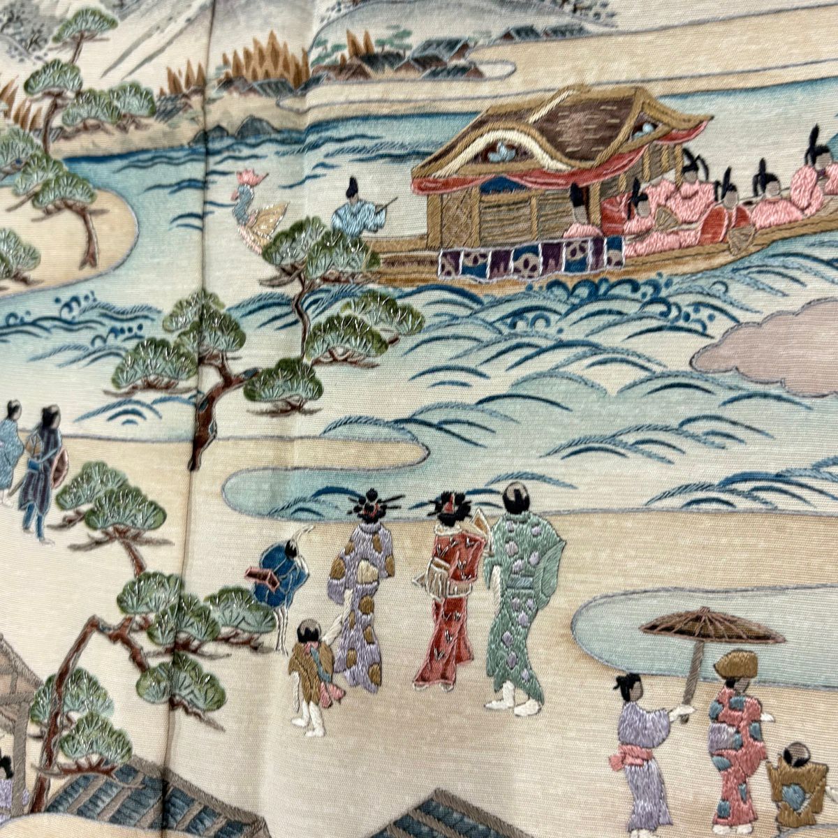 付下 身長157cm 袖長63.5cm S 雙層 風景 人物 刺繡 漸層 灰茶 純蠶絲 優品級