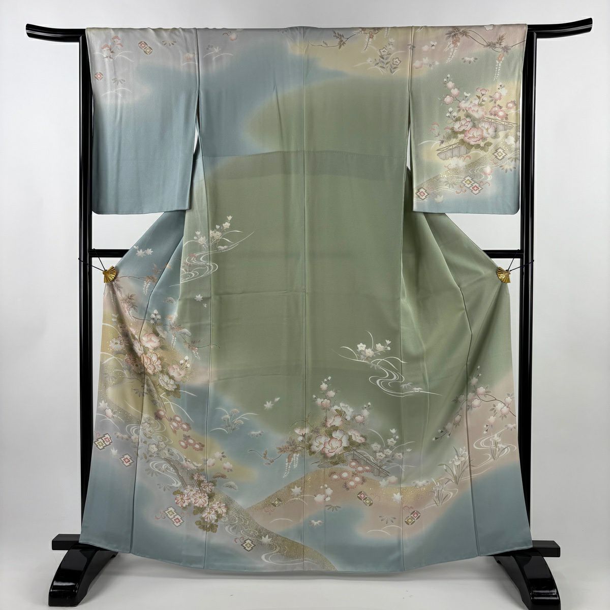 訪問服 身長164cm 袖長64.5cm M 雙層 牡丹 流水 金絲 金銀彩 青灰 純蠶絲 秀品級