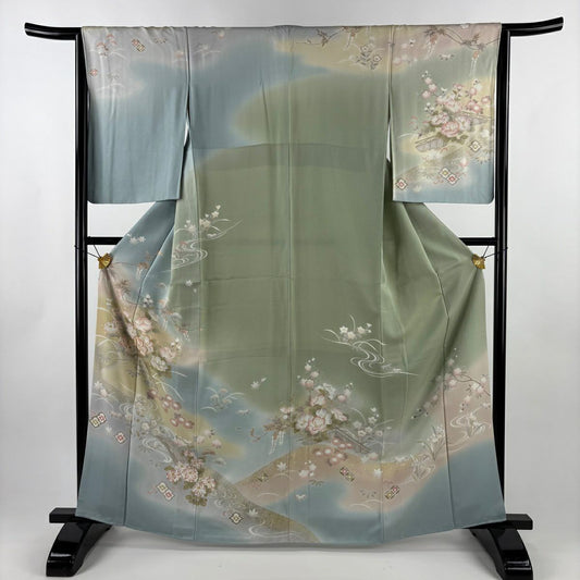 訪問服 身長164cm 袖長64.5cm M 雙層 牡丹 流水 金絲 金銀彩 青灰 純蠶絲 秀品級