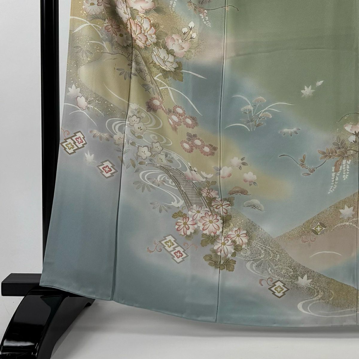 訪問服 身長164cm 袖長64.5cm M 雙層 牡丹 流水 金絲 金銀彩 青灰 純蠶絲 秀品級