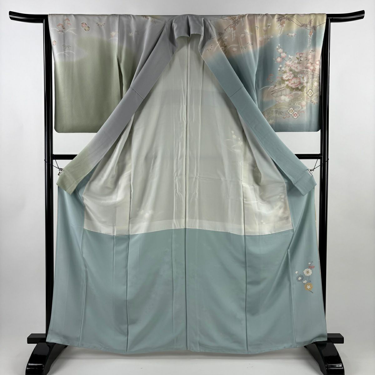 訪問服 身長164cm 袖長64.5cm M 雙層 牡丹 流水 金絲 金銀彩 青灰 純蠶絲 秀品級