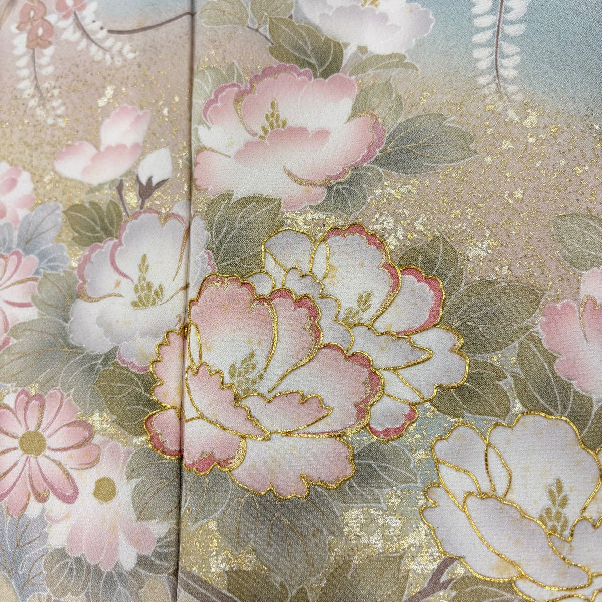 訪問服 身長164cm 袖長64.5cm M 雙層 牡丹 流水 金絲 金銀彩 青灰 純蠶絲 秀品級