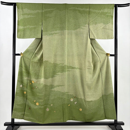 訪問服 身長155cm 袖長63.5cm S 雙層 附有落款 櫻花 霞 金銀彩 艾草綠 純蠶絲 優品級