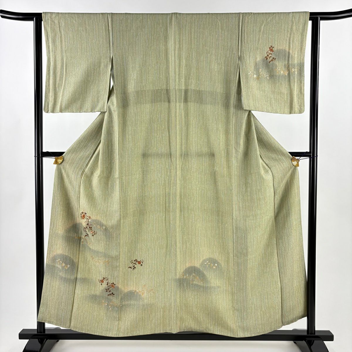 付下 身長156cm 袖長62cm S 雙層 花唐草紋 霞 刺繡 金銀彩 灰綠 純蠶絲 秀品級