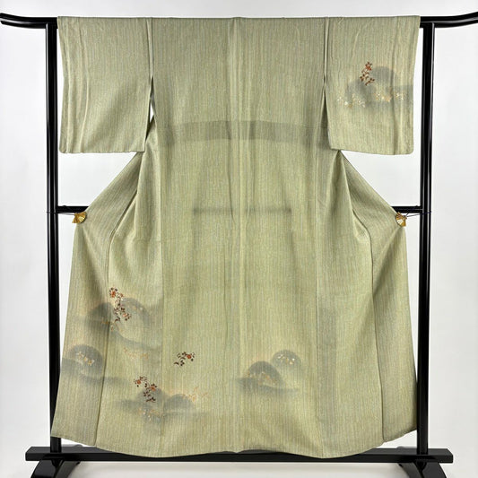 付下 身長156cm 袖長62cm S 雙層 花唐草紋 霞 刺繡 金銀彩 灰綠 純蠶絲 秀品級