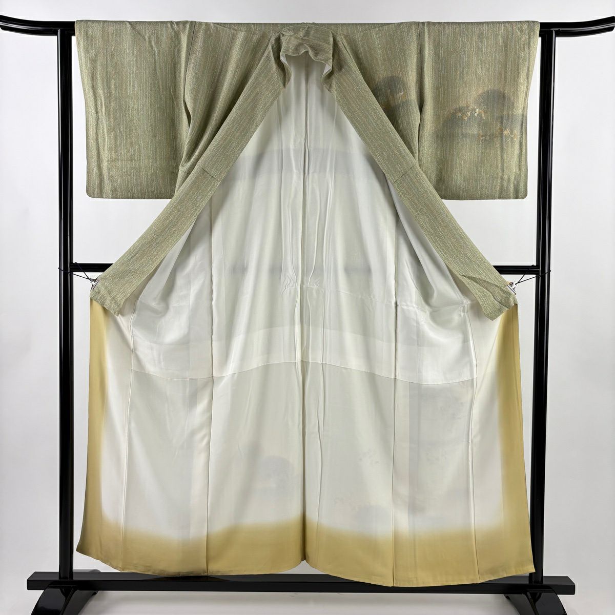 付下 身長156cm 袖長62cm S 雙層 花唐草紋 霞 刺繡 金銀彩 灰綠 純蠶絲 秀品級