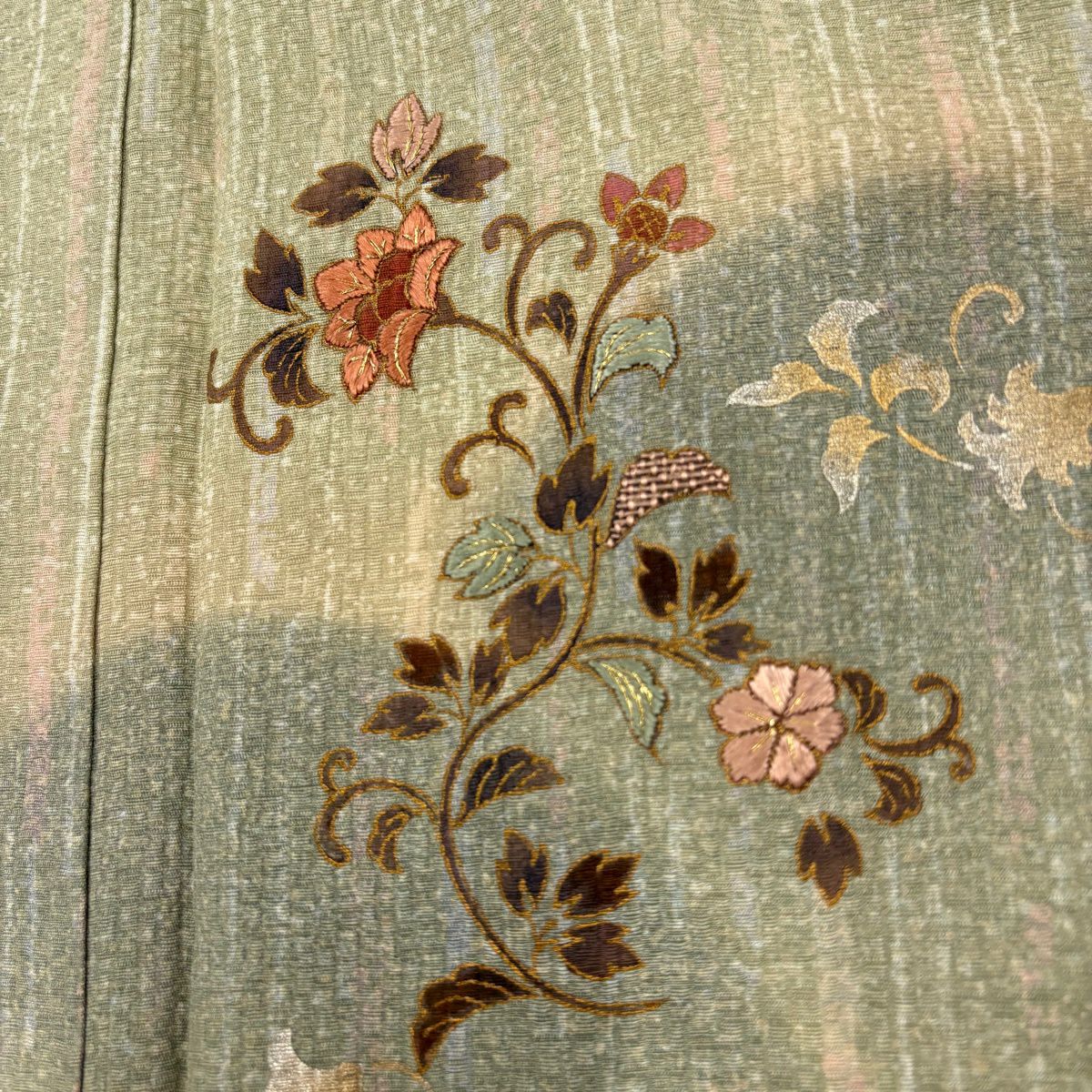 付下 身長156cm 袖長62cm S 雙層 花唐草紋 霞 刺繡 金銀彩 灰綠 純蠶絲 秀品級