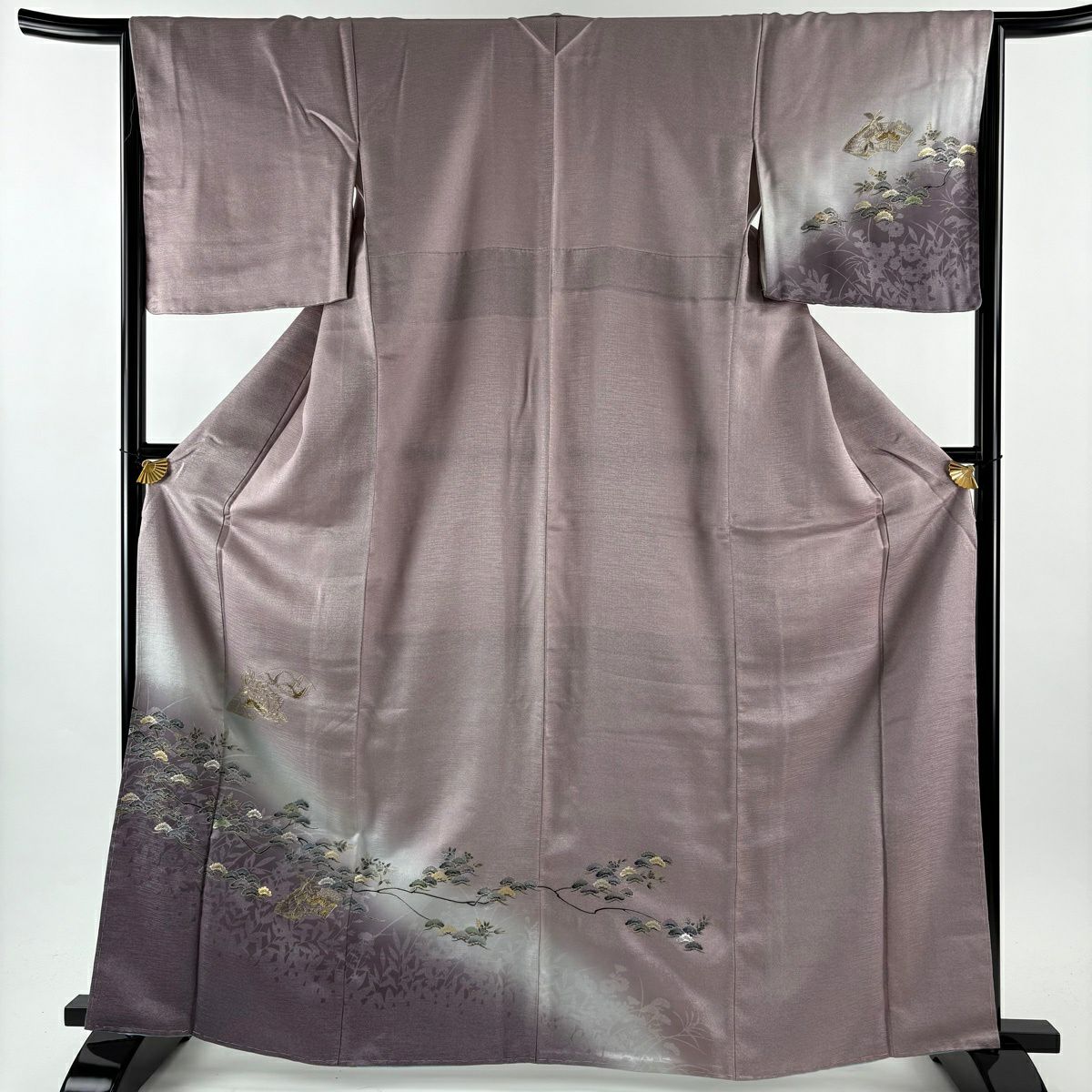 【美品】 付下 身長164cm 袖長66cm M 雙層 松樹 扇子面 金絲 金銀彩 淺紫 純蠶絲 優品級