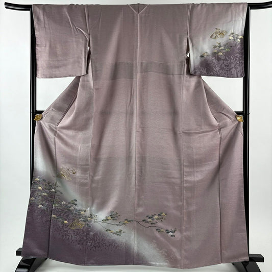 【美品】 付下 身長164cm 袖長66cm M 雙層 松樹 扇子面 金絲 金銀彩 淺紫 純蠶絲 優品級
