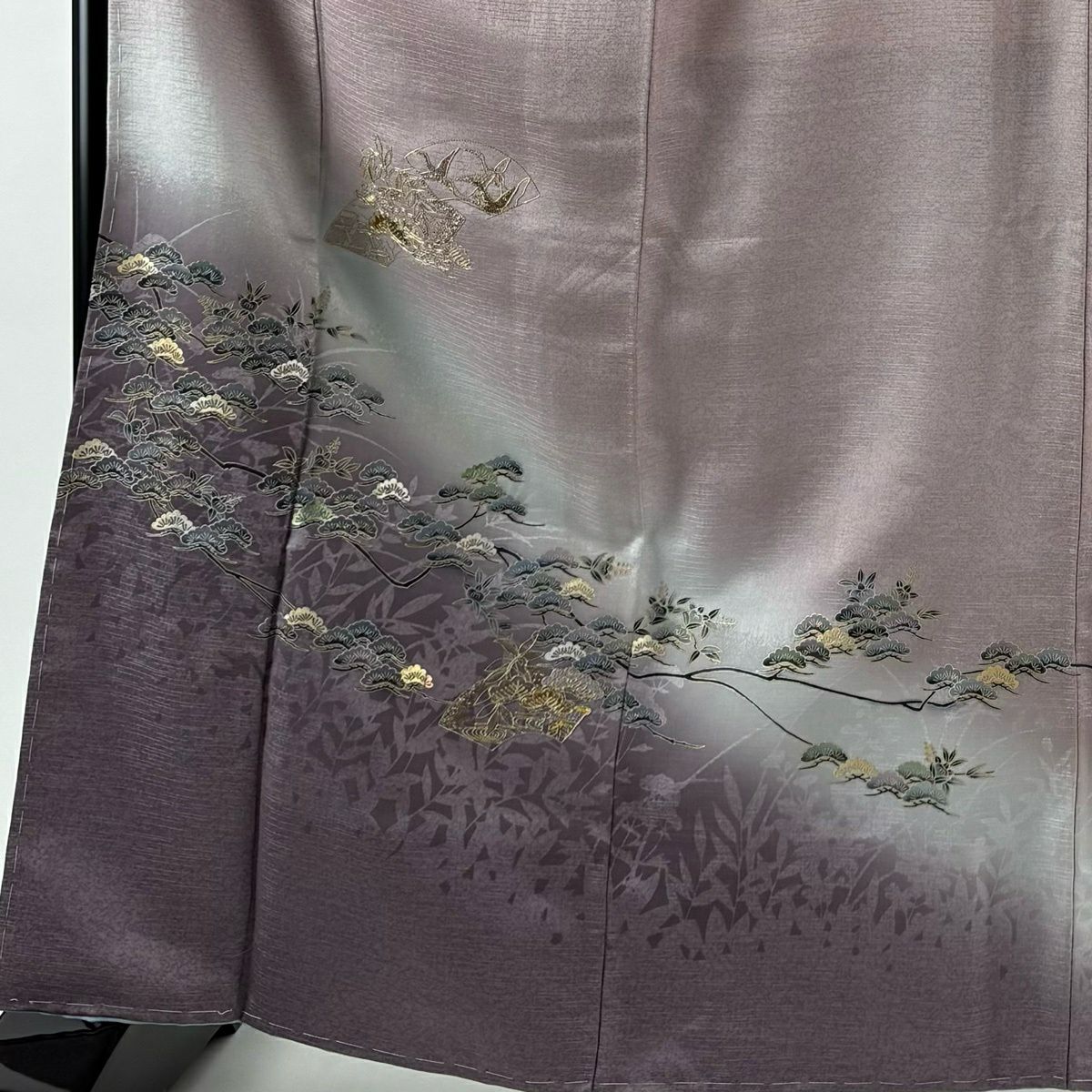 【美品】 付下 身長164cm 袖長66cm M 雙層 松樹 扇子面 金絲 金銀彩 淺紫 純蠶絲 優品級