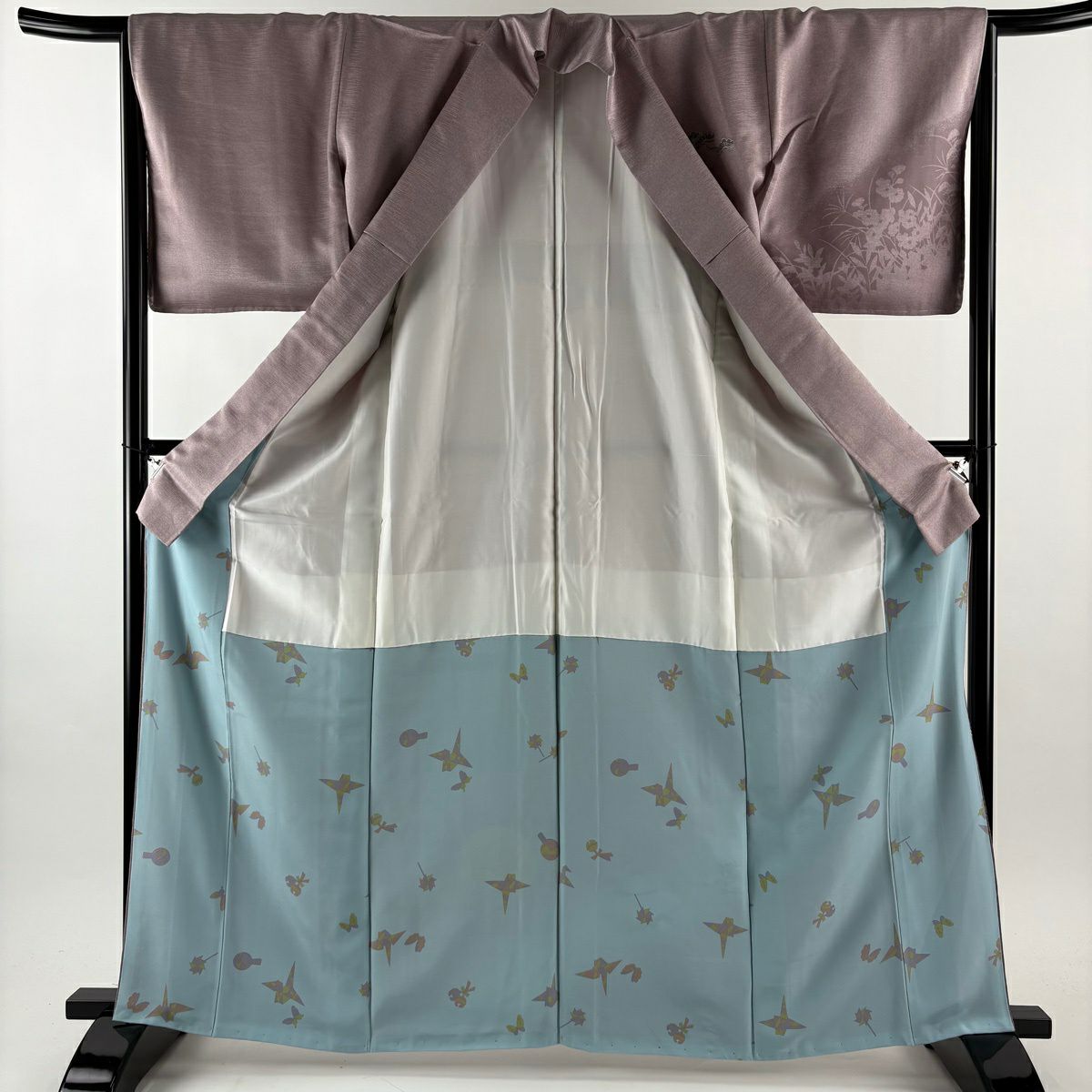 【美品】 付下 身長164cm 袖長66cm M 雙層 松樹 扇子面 金絲 金銀彩 淺紫 純蠶絲 優品級