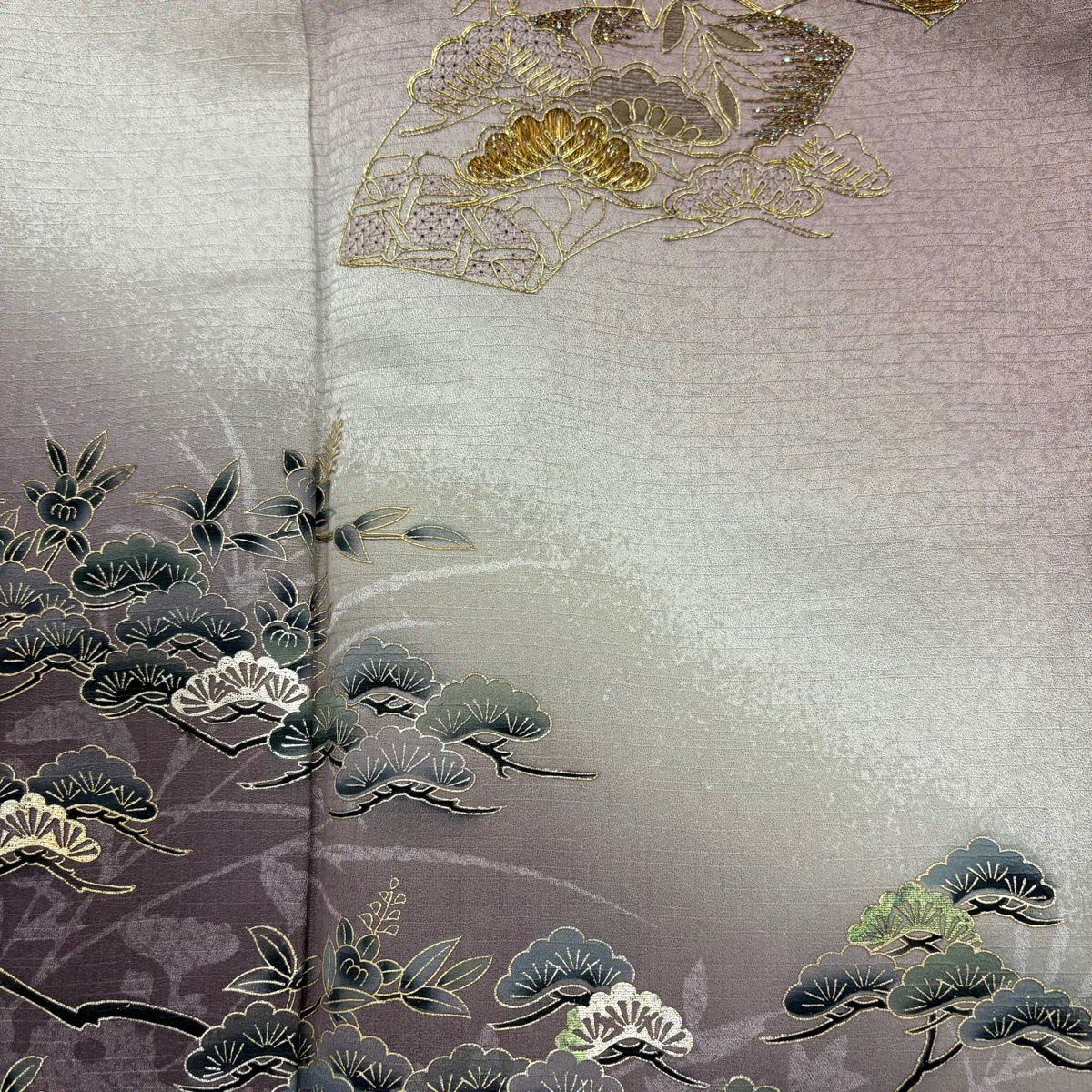 【美品】 付下 身長164cm 袖長66cm M 雙層 松樹 扇子面 金絲 金銀彩 淺紫 純蠶絲 優品級