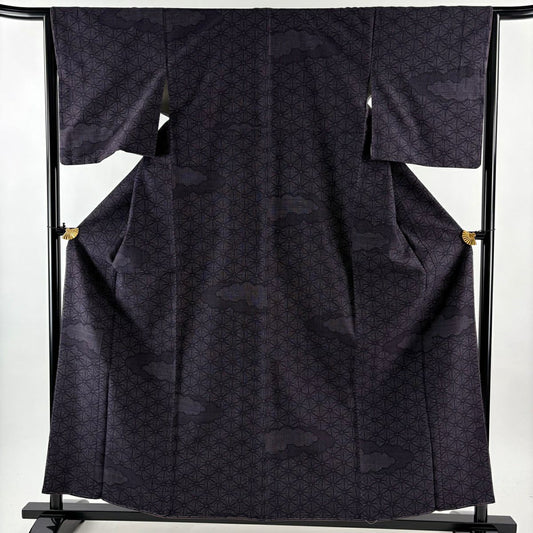 【美品】 紬織 身長158.5cm 袖長64cm M 雙層 證書在側 雲文 麻葉 濃紫 純蠶絲 優品級