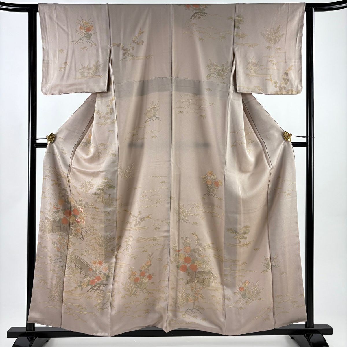 訪問服 身長158cm 袖長62cm S 雙層 草花紋紋 橋刺繡 金彩裝飾 薄小豆 純蠶絲 秀品級