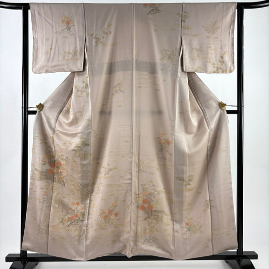 訪問服 身長158cm 袖長62cm S 雙層 草花紋紋 橋刺繡 金彩裝飾 薄小豆 純蠶絲 秀品級
