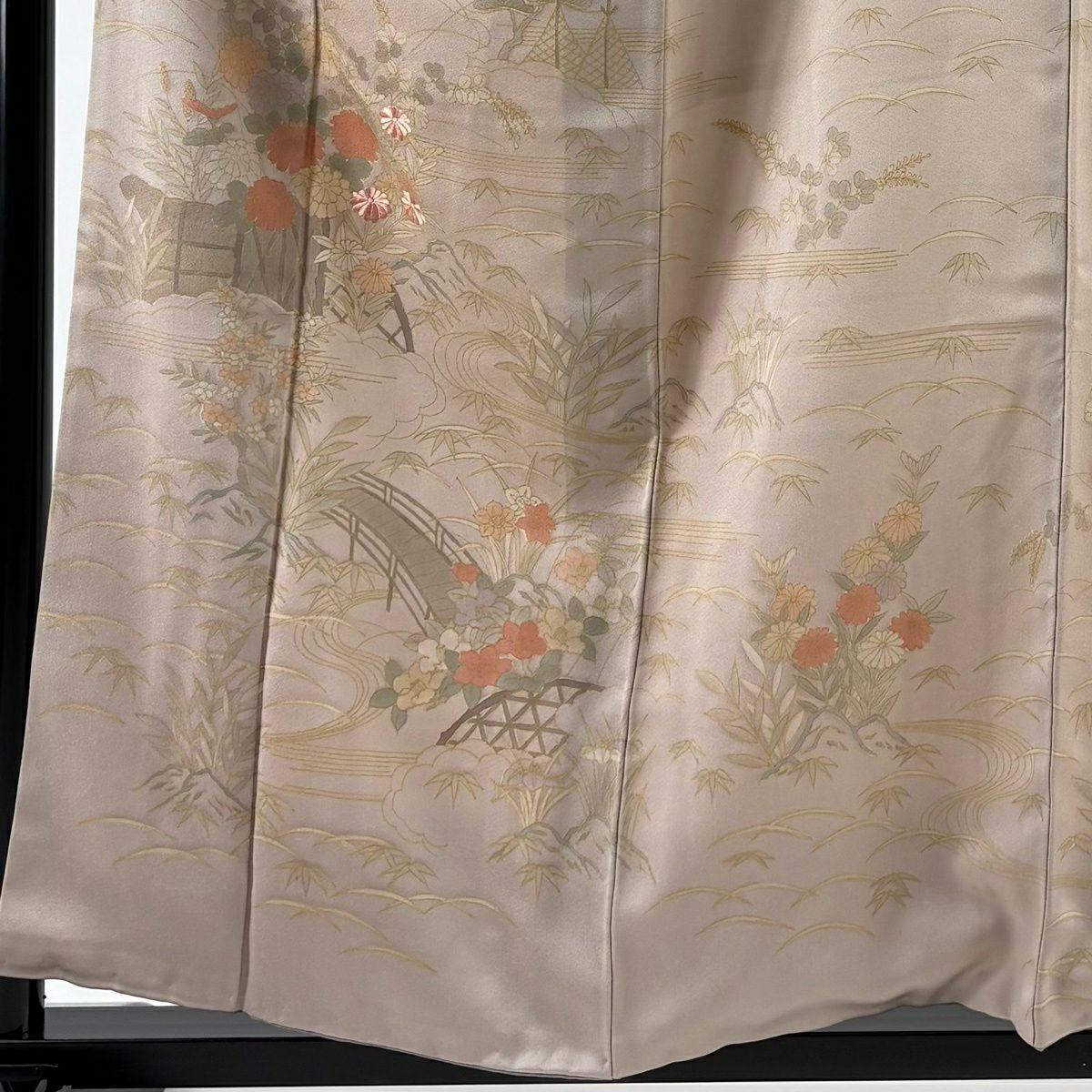 訪問服 身長158cm 袖長62cm S 雙層 草花紋紋 橋刺繡 金彩裝飾 薄小豆 純蠶絲 秀品級