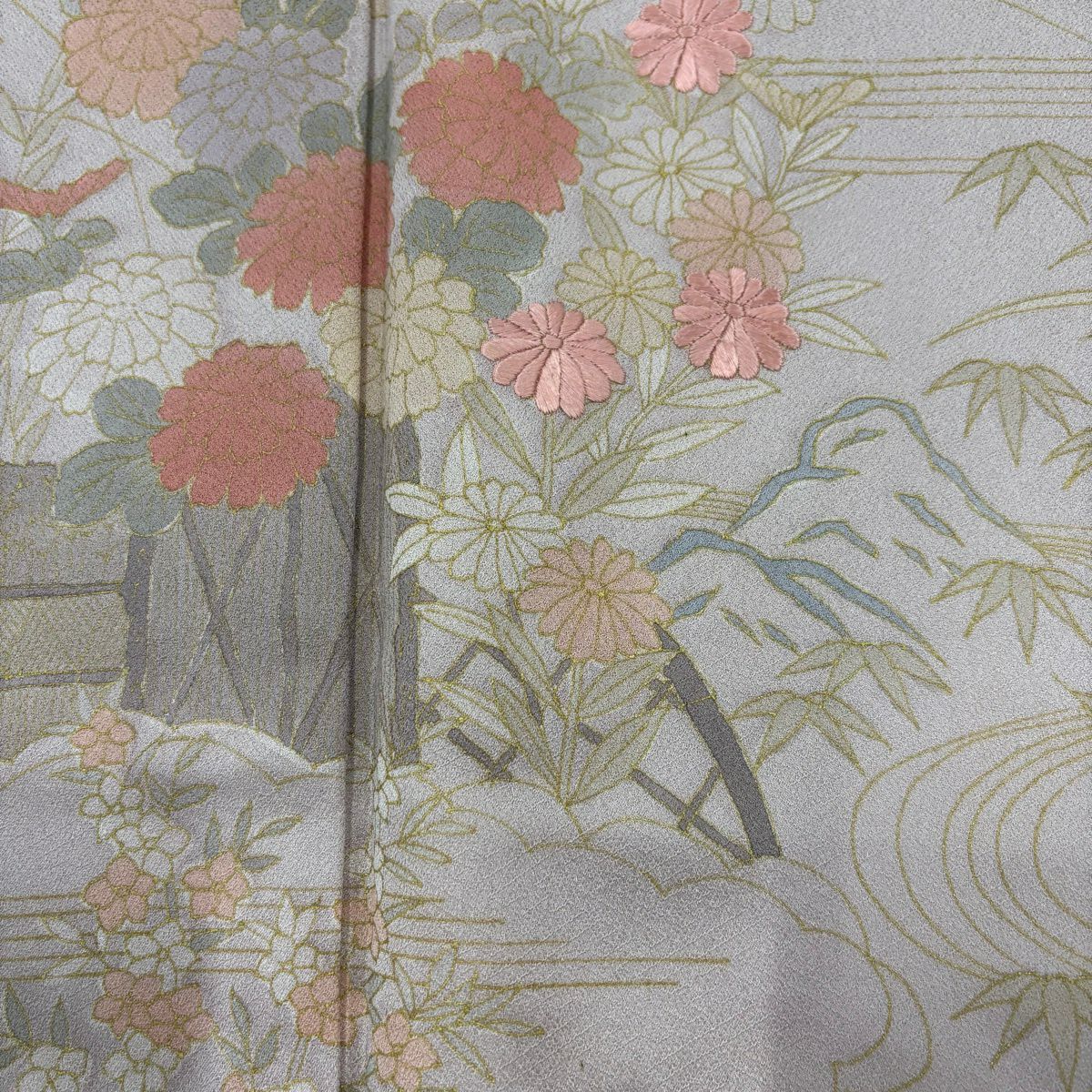訪問服 身長158cm 袖長62cm S 雙層 草花紋紋 橋刺繡 金彩裝飾 薄小豆 純蠶絲 秀品級