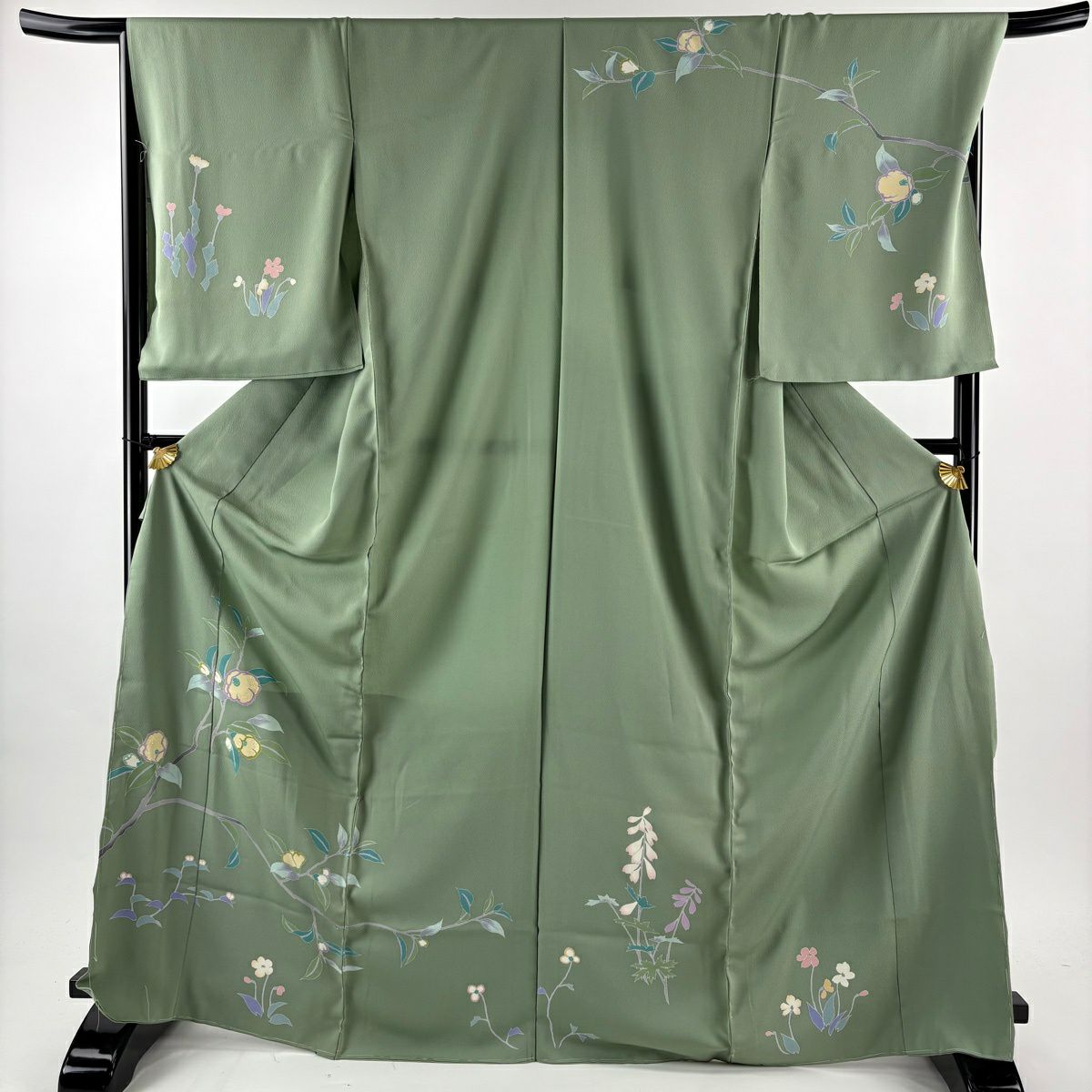 訪問服 身長169.5cm 袖長69cm 未仕立 雜花 金絲 拉麵金金箔 淺綠 純蠶絲 優品級