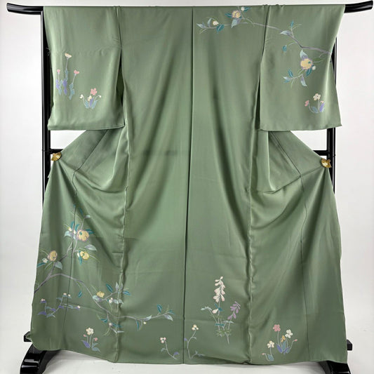 訪問服 身長169.5cm 袖長69cm 未仕立 雜花 金絲 拉麵金金箔 淺綠 純蠶絲 優品級