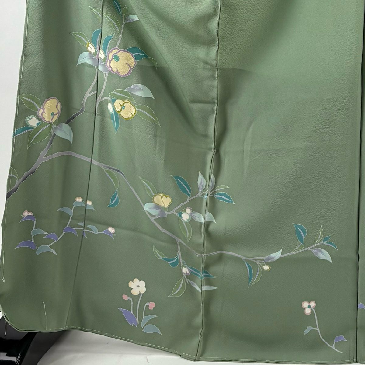 訪問服 身長169.5cm 袖長69cm 未仕立 雜花 金絲 拉麵金金箔 淺綠 純蠶絲 優品級