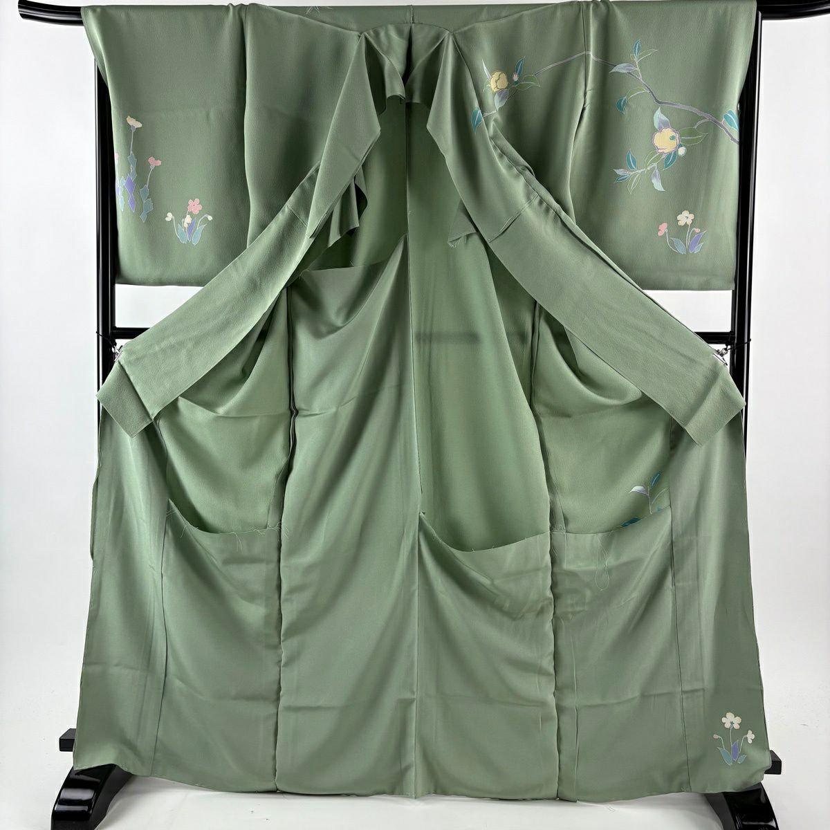 訪問服 身長169.5cm 袖長69cm 未仕立 雜花 金絲 拉麵金金箔 淺綠 純蠶絲 優品級