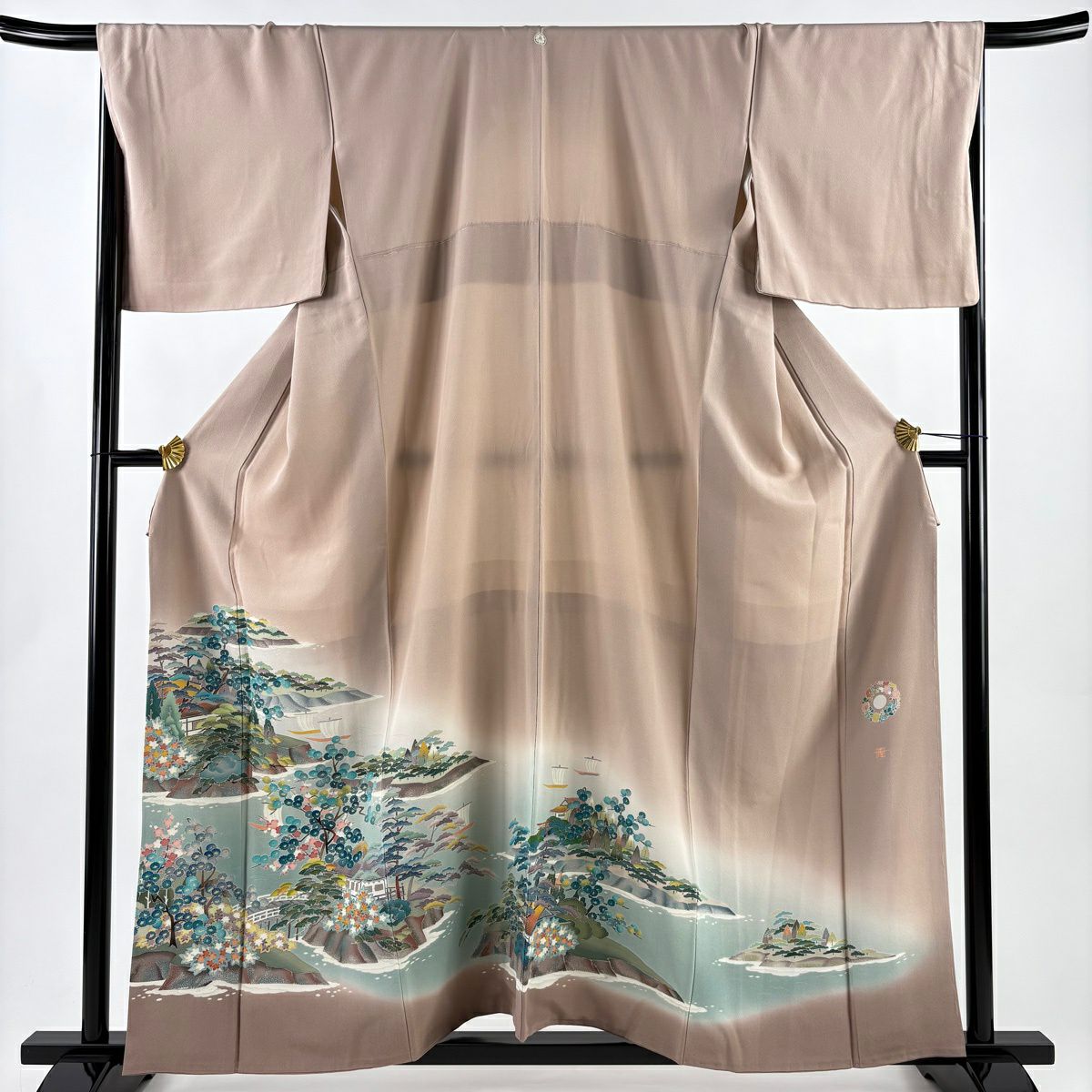色留袖禮服 身長159.5cm 袖長68.5cm L 雙層 落款あり 建物 松樹梅花 漸層 薄小豆 純蠶絲 秀品級