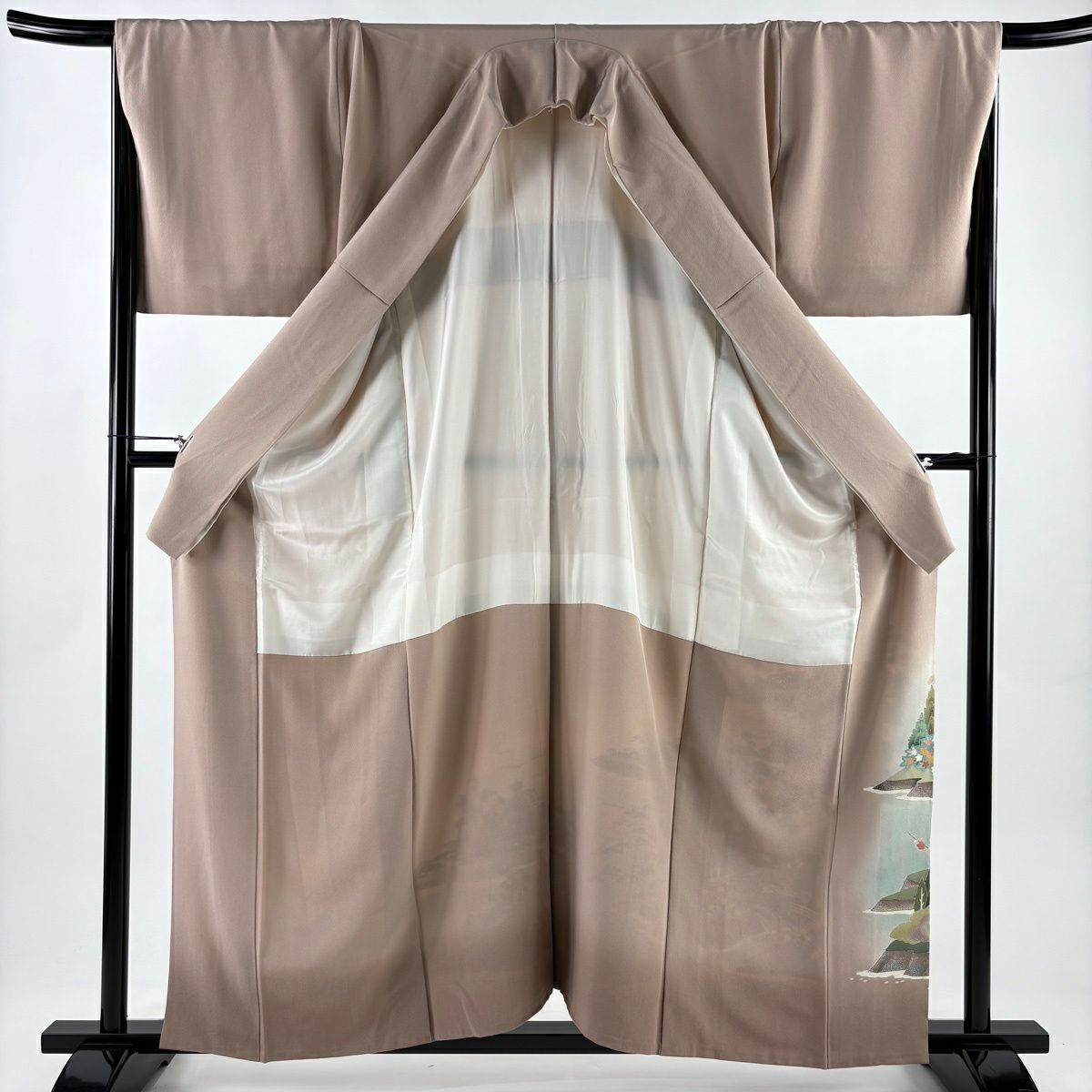 色留袖禮服 身長159.5cm 袖長68.5cm L 雙層 落款あり 建物 松樹梅花 漸層 薄小豆 純蠶絲 秀品級