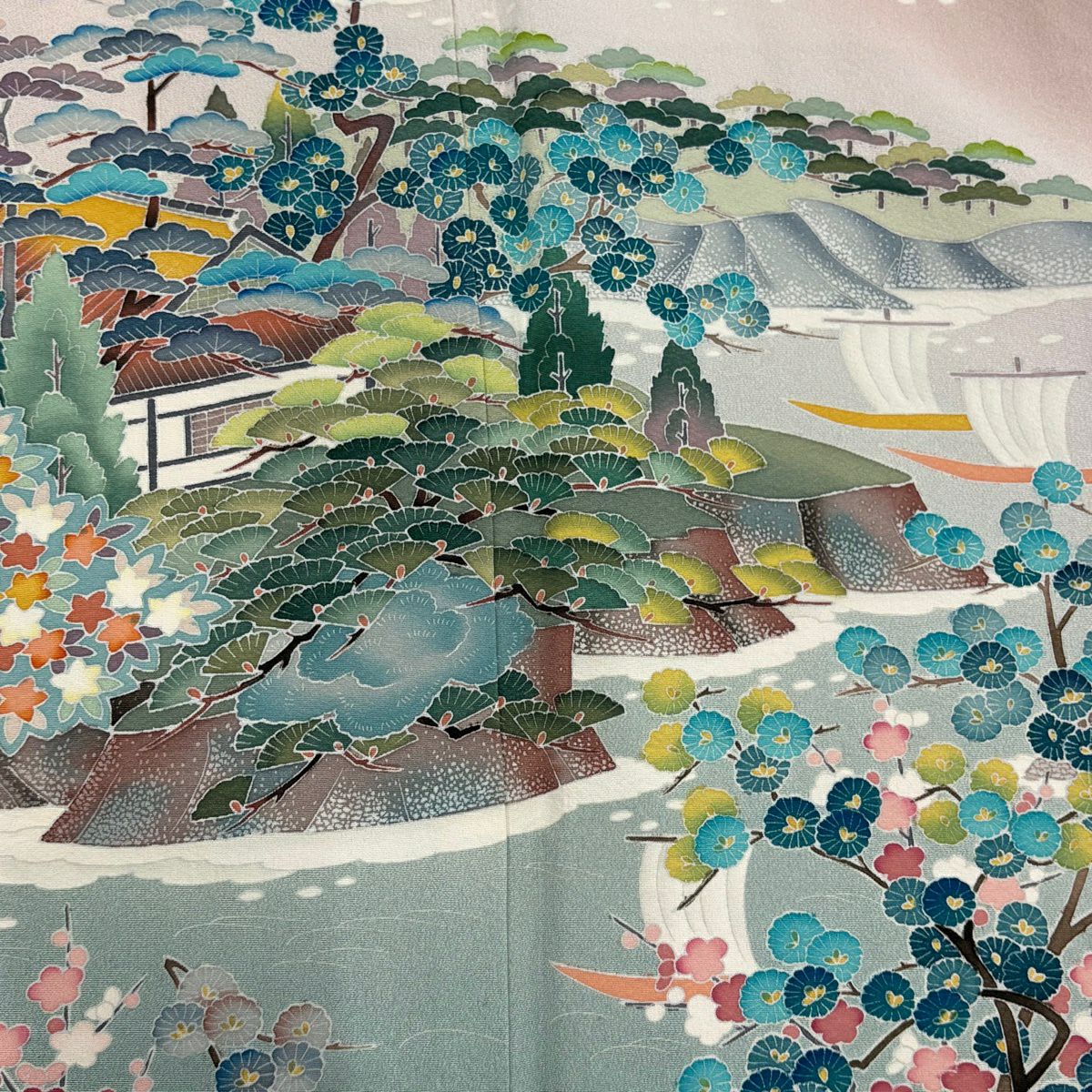 色留袖禮服 身長159.5cm 袖長68.5cm L 雙層 落款あり 建物 松樹梅花 漸層 薄小豆 純蠶絲 秀品級