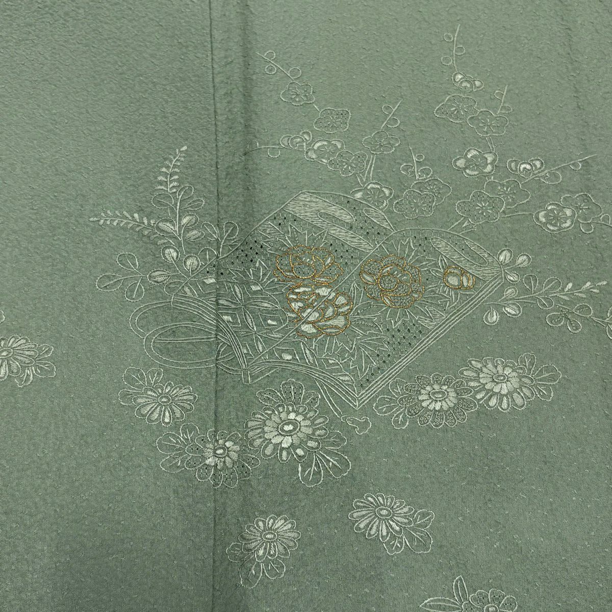 付下 身長158cm 袖長65.5cm M 雙層 冊子 草花紋紋 刺繡 金糸 淺綠 純蠶絲 秀品級