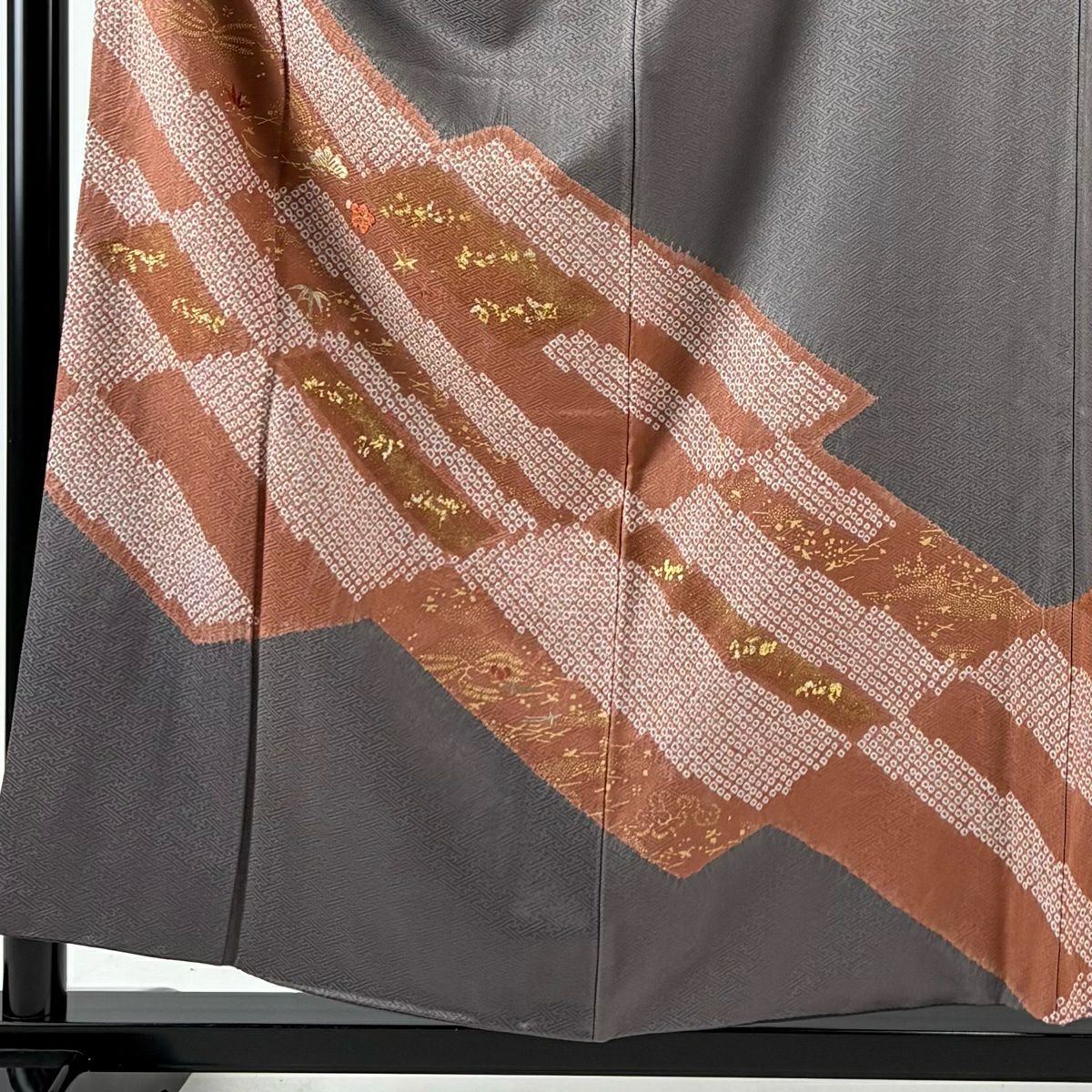 付下 身長156.5cm 袖長68cm L 雙層 松樹竹子梅花 鳥 絞染 刺繡 灰 純蠶絲 秀品級
