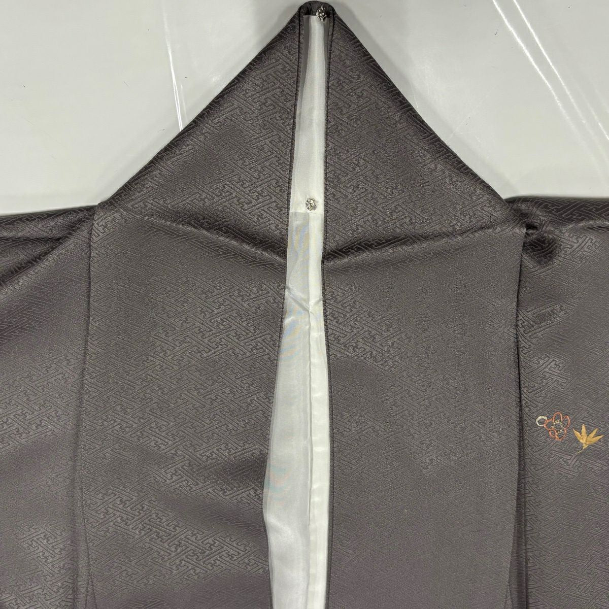 付下 身長156.5cm 袖長68cm L 雙層 松樹竹子梅花 鳥 絞染 刺繡 灰 純蠶絲 秀品級